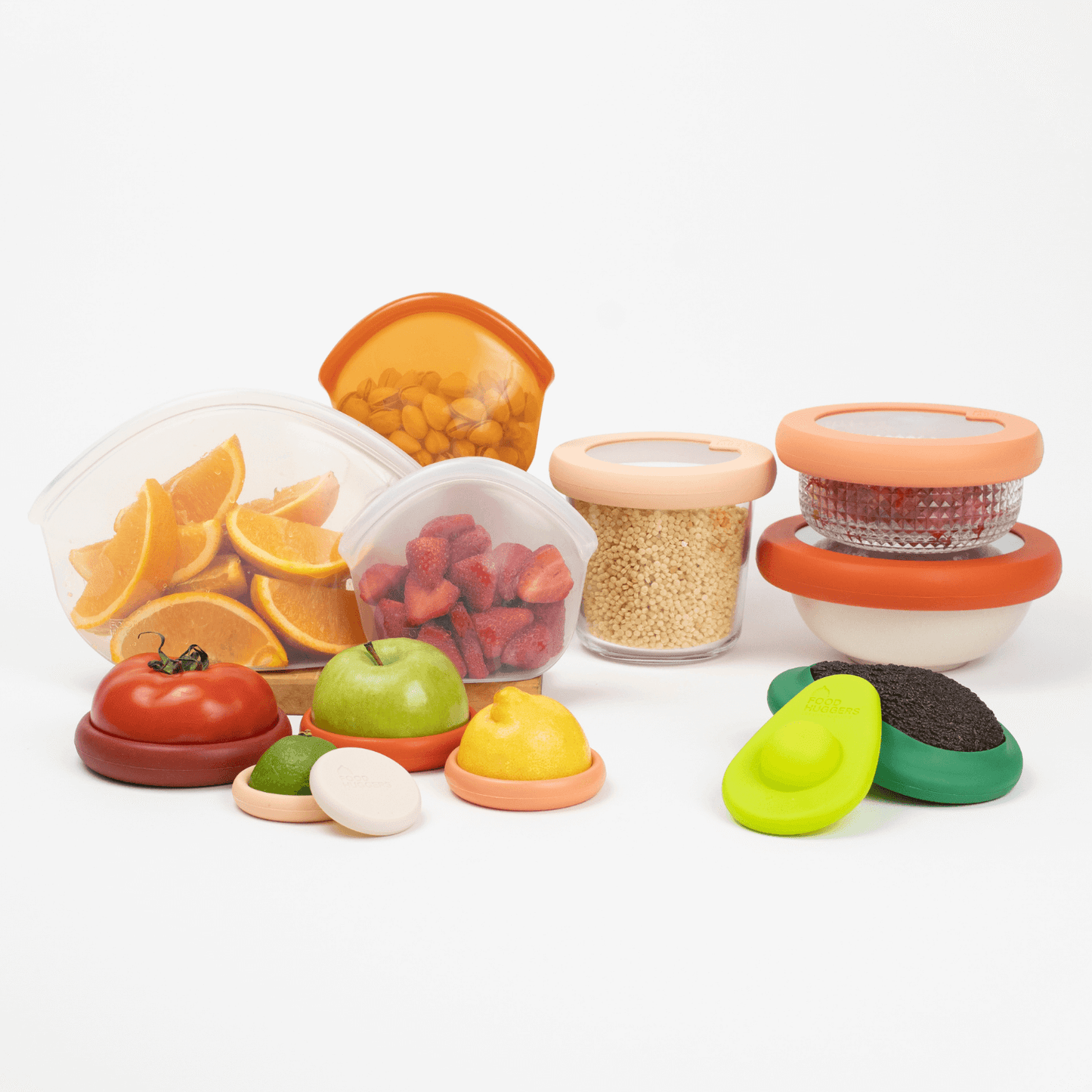 Set of thirteen orange sustainable and eco-friendly food exchanges that keep food fresh a perfect alternative to plastic wrap