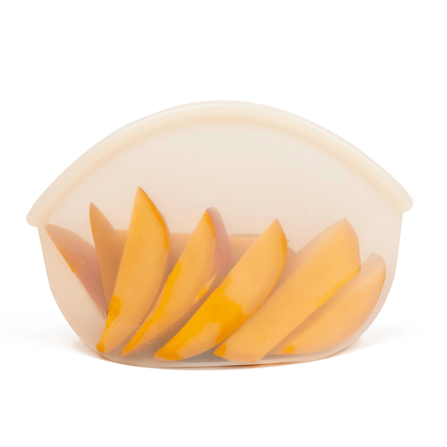 Reusable orange silicone bag, dishwasher safe, preserving pieces of mango, zero waste