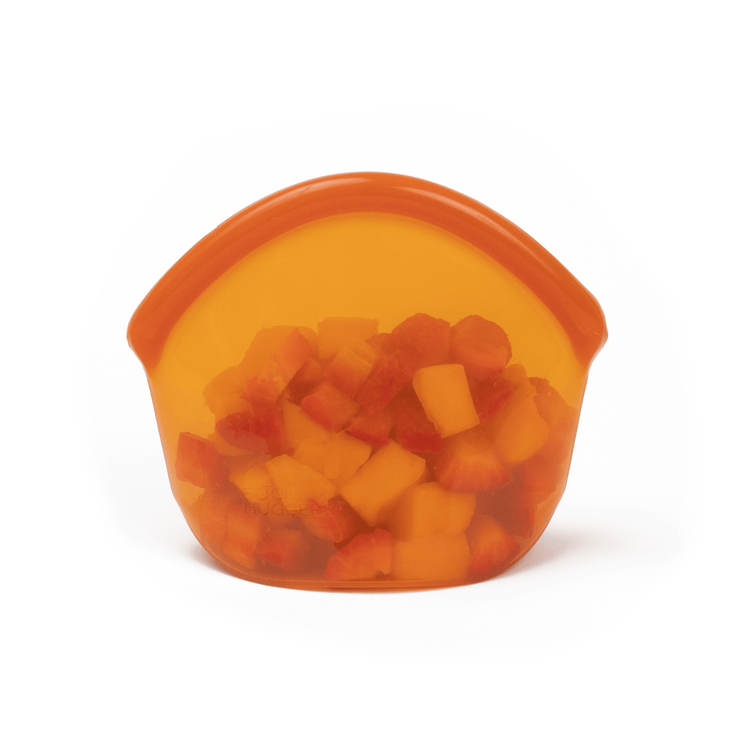 Reusable orange silicone bag, dishwasher safe, preserving pieces of strawberries and mango, zero waste