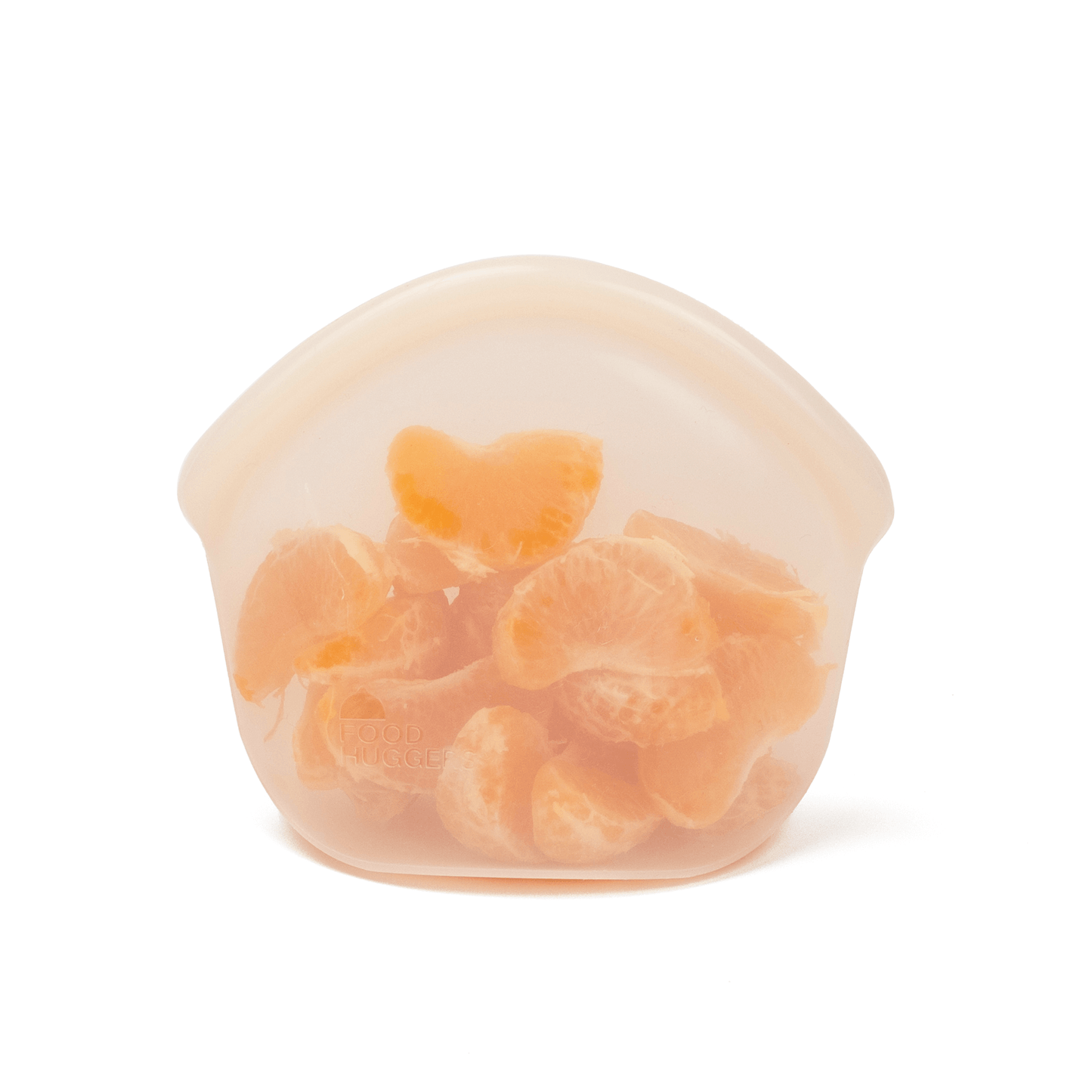 Reusable white Hugger bag alternative to plastic wrap filled with tangerine