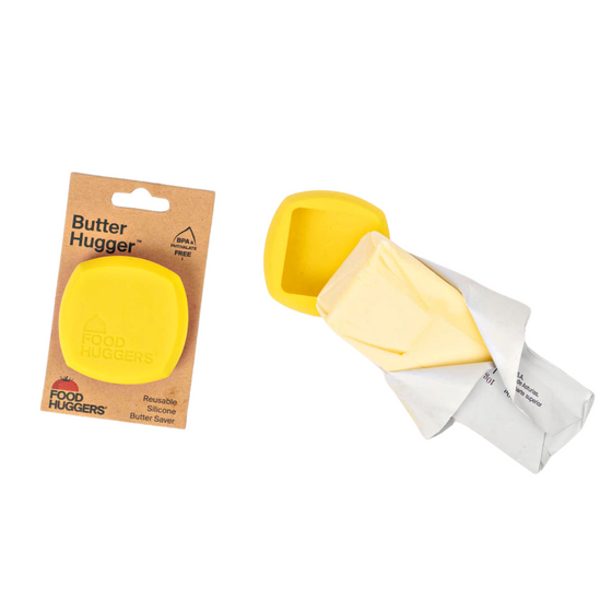 Butter hugger protecting a stick of butter next to a butter hugger in its wrapper
