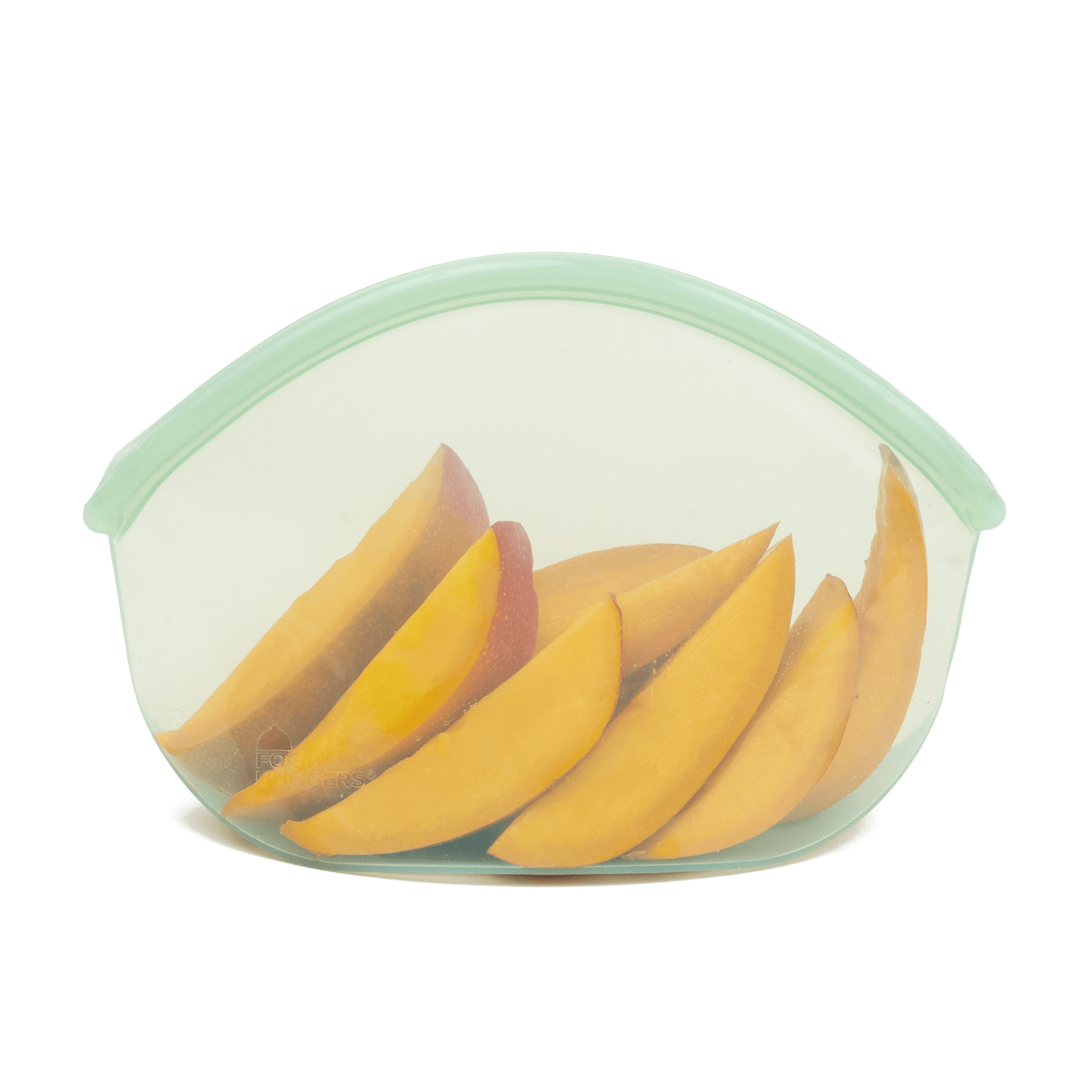 Reusable green silicone bag, dishwasher safe, preserving pieces of mango, zero waste