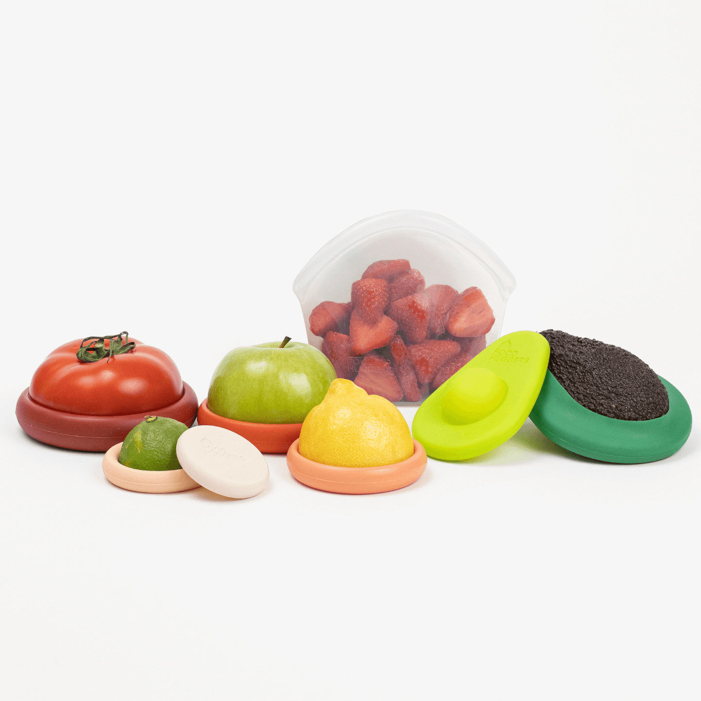 Set of eight orange silicone Food Huggers, a sustainable alternative to plastic wrap, to protect fruits and vegetables