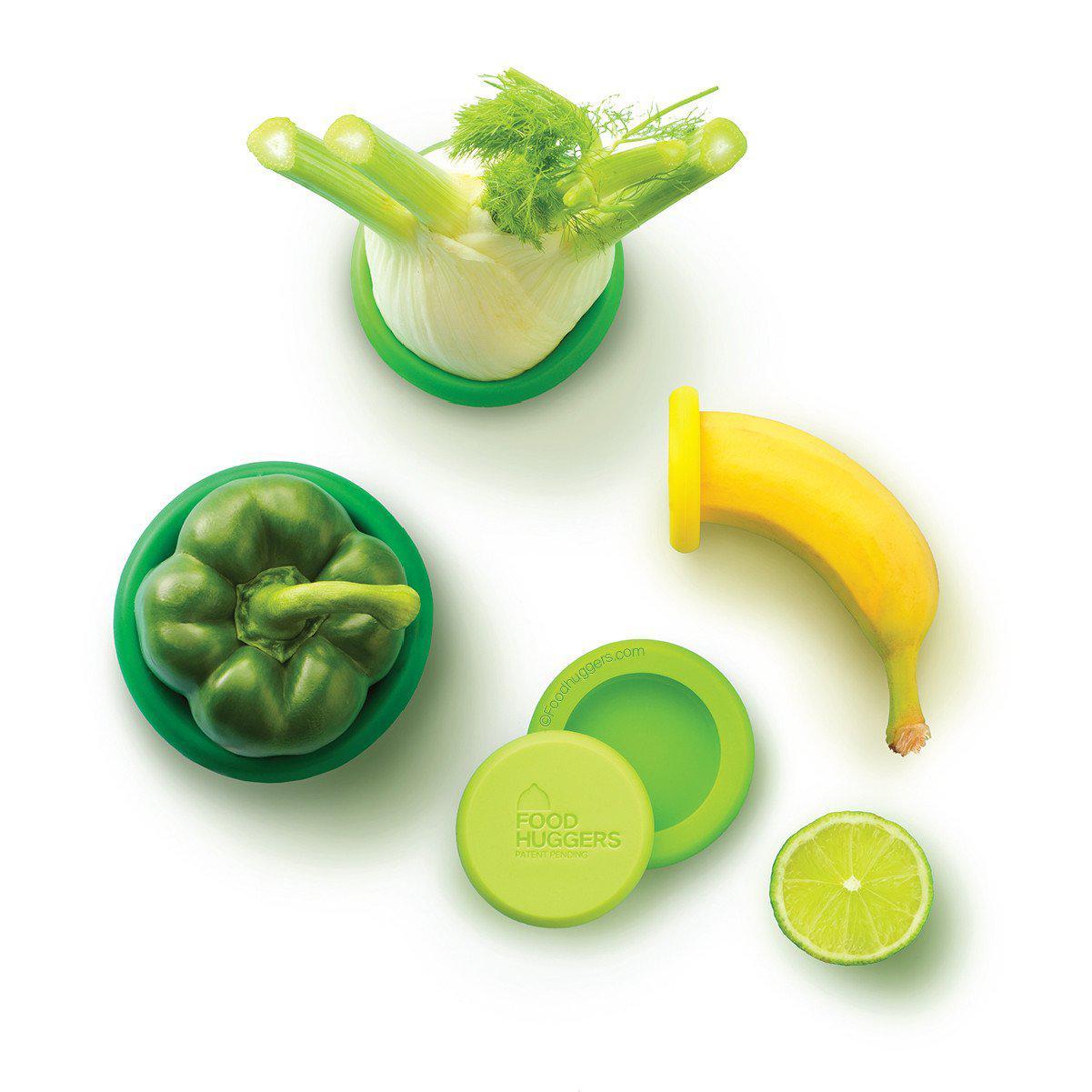 Top view of five Food Huggers, preserving fruits and vegetables a smart way to achieve zero waste.