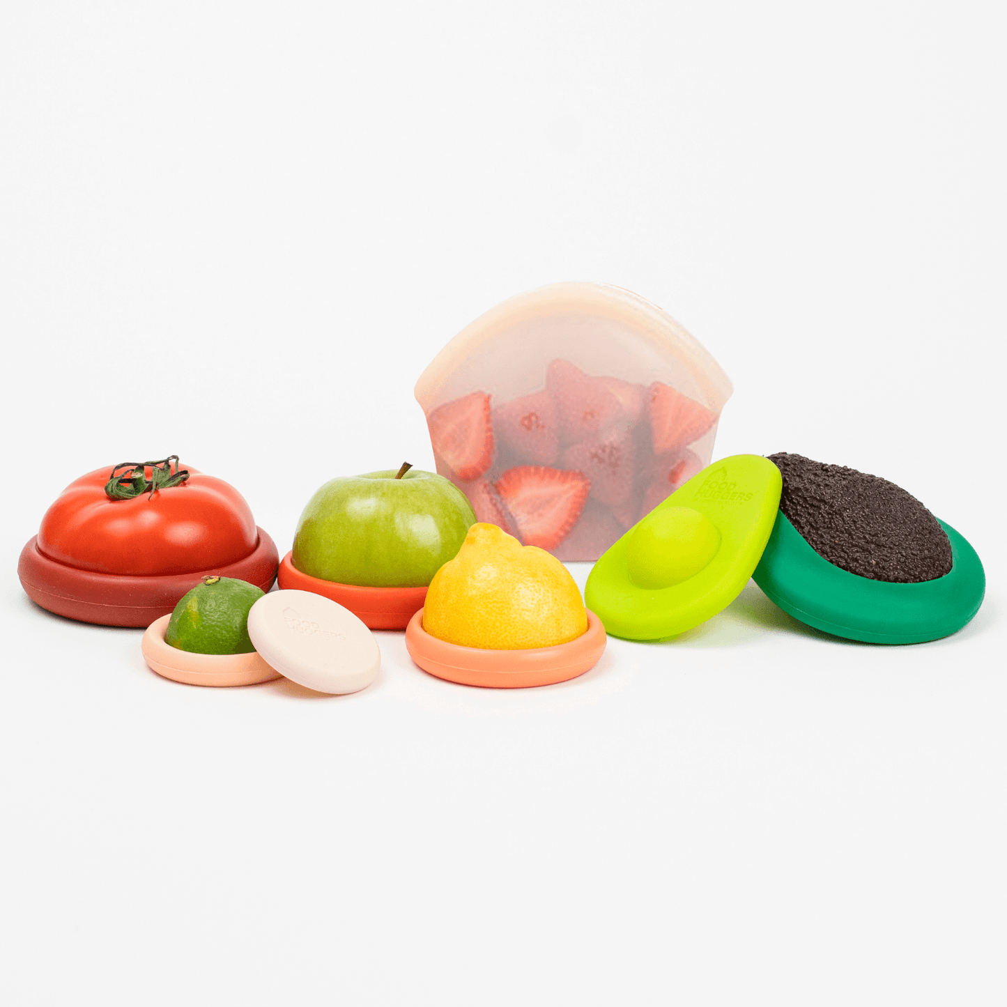 Set of eight orange silicone Food Huggers, a sustainable alternative to plastic wrap, to protect fruits and vegetables