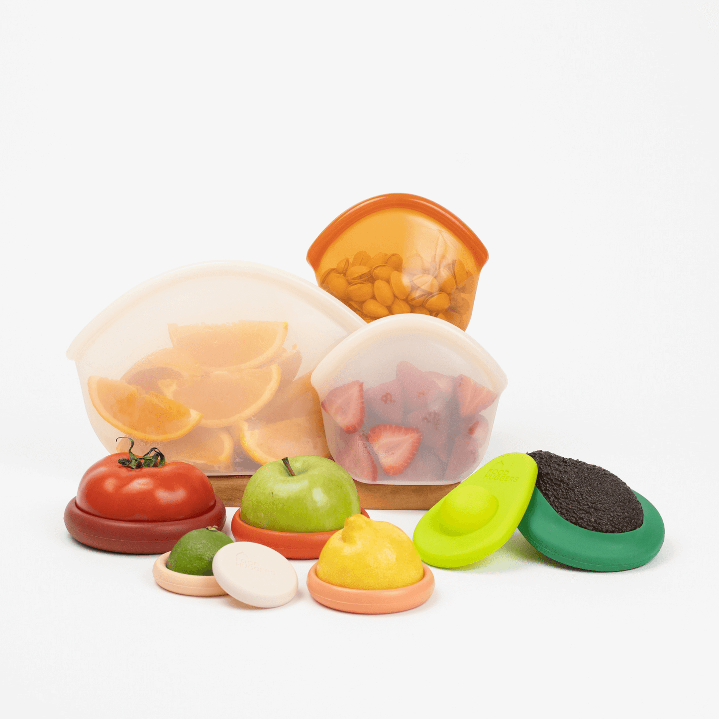 Set of ten silicone orange Food Huggers, a sustainable alternative to plastic wrap, to protect fruits and vegetables