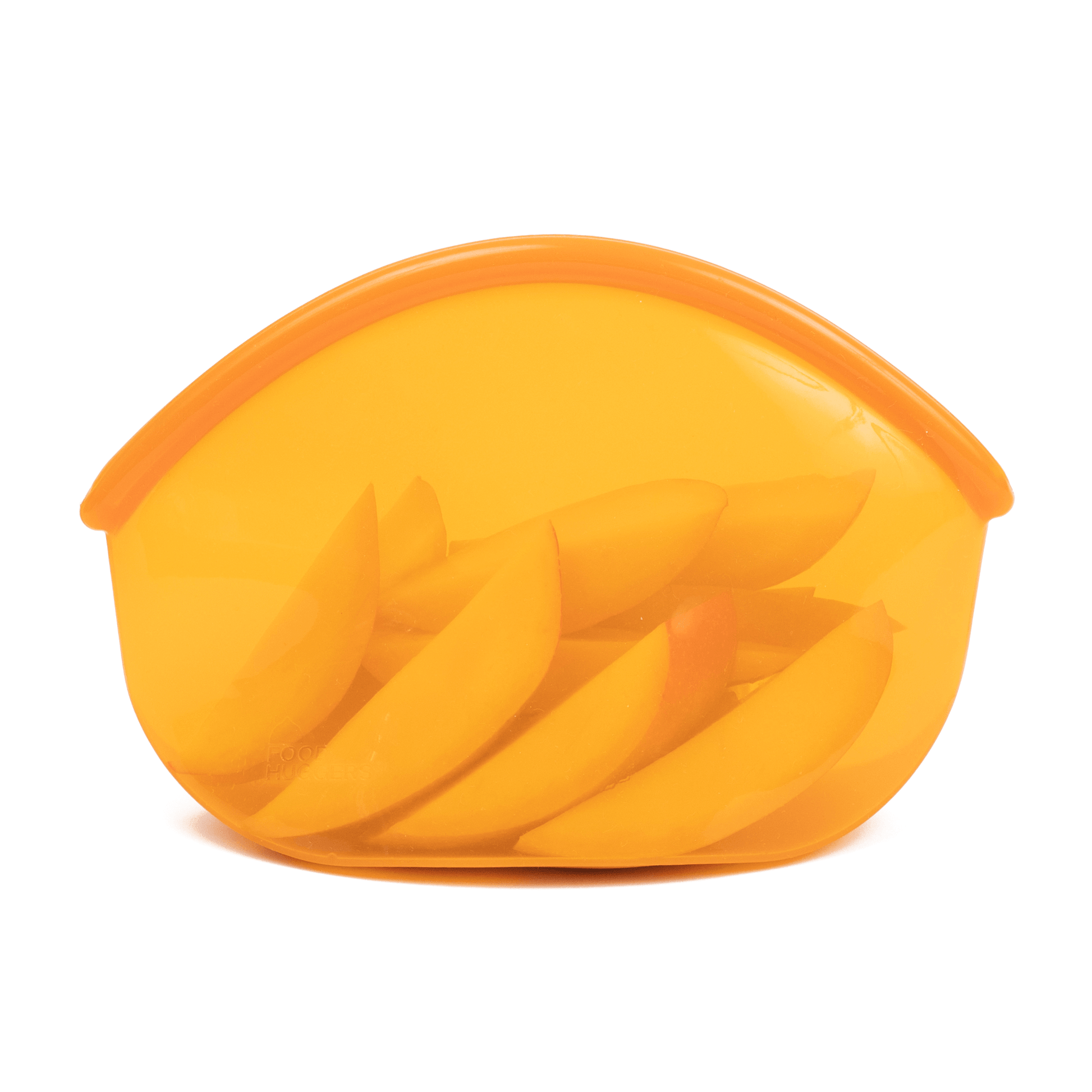 Reusable orange silicone bag, dishwasher safe, preserving pieces of mango, zero waste