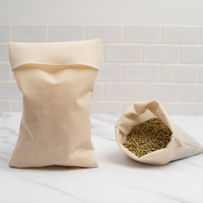 "Two Food Huggers Fabric Bulk Bag reusable alternative to plastic bags filled with grains"