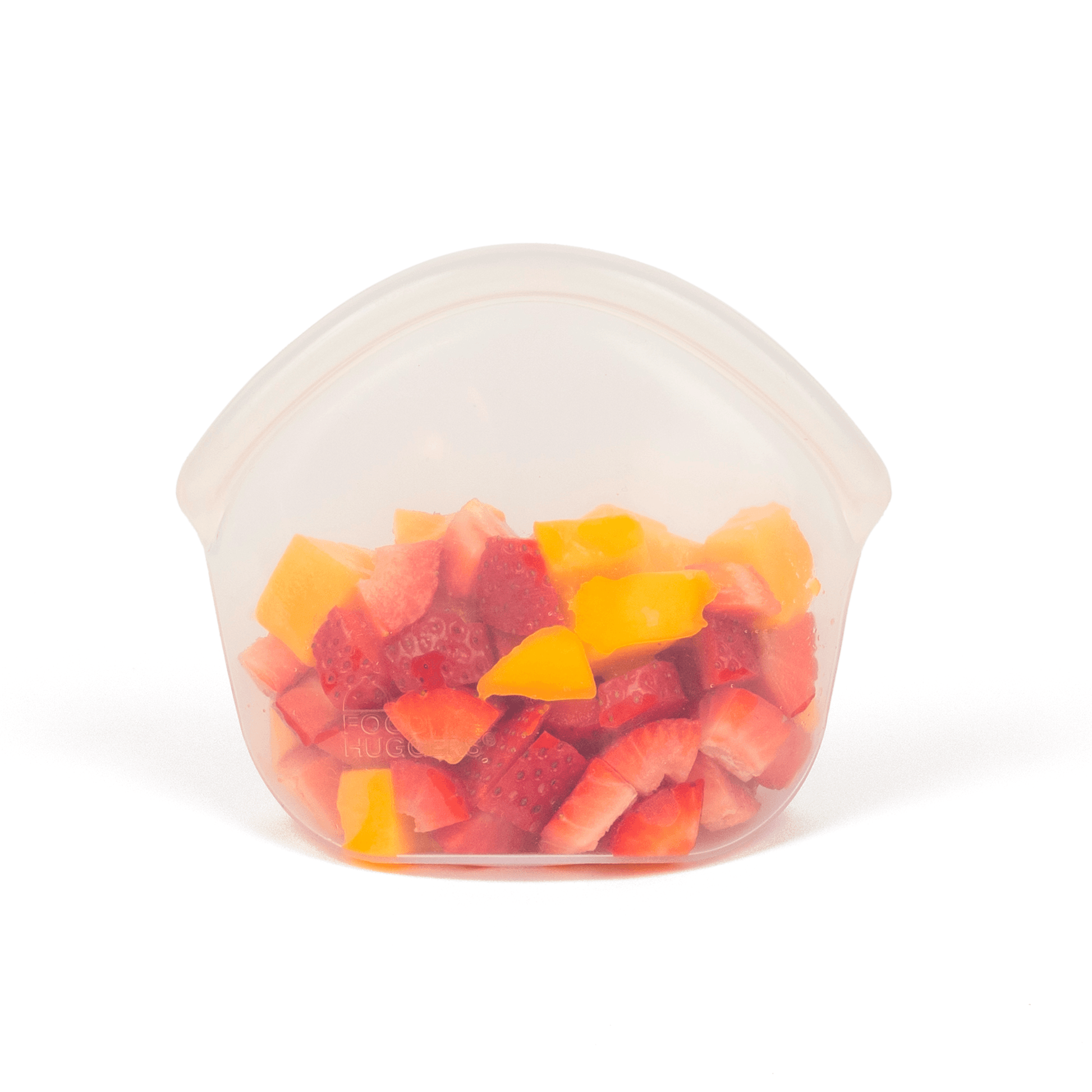 Reusable silicone bag, dishwasher safe, preserving pieces of strawberries and mango, zero waste