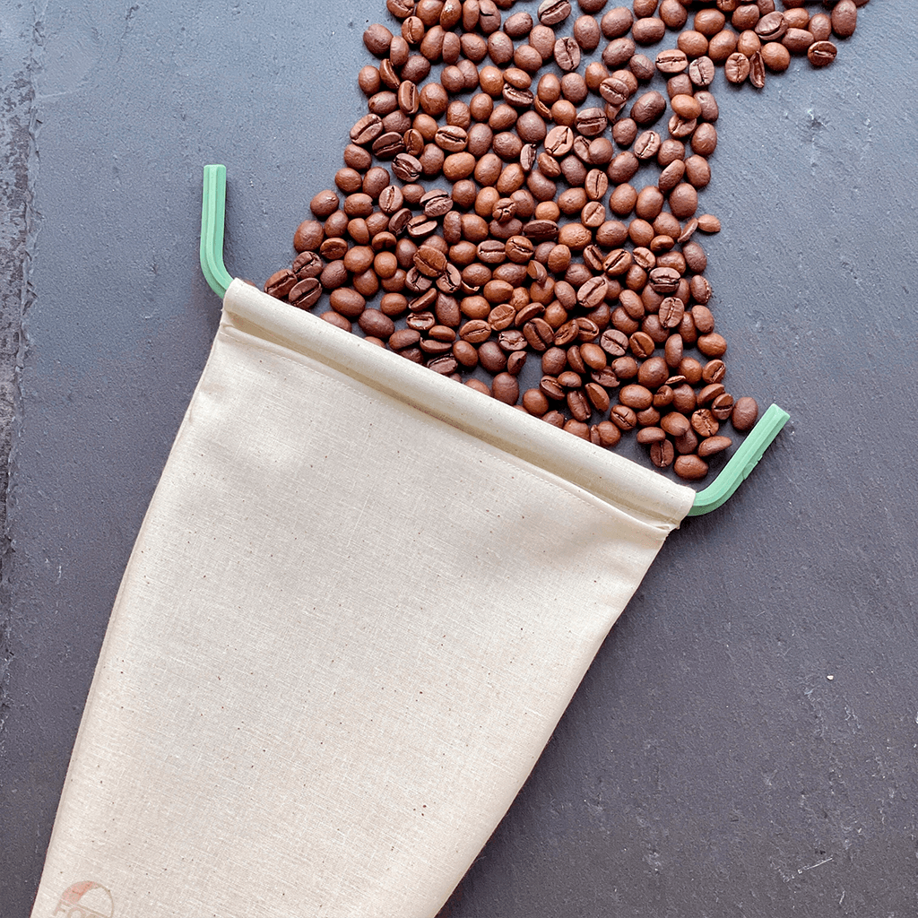 Fabric Bulk Bag reusable and dishwasher safe, containing coffee beans