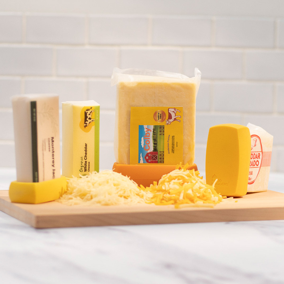 Four Cheese Hugger preserving cheese on a wooden board with grated cheese the perfect alternative to plastic wrap